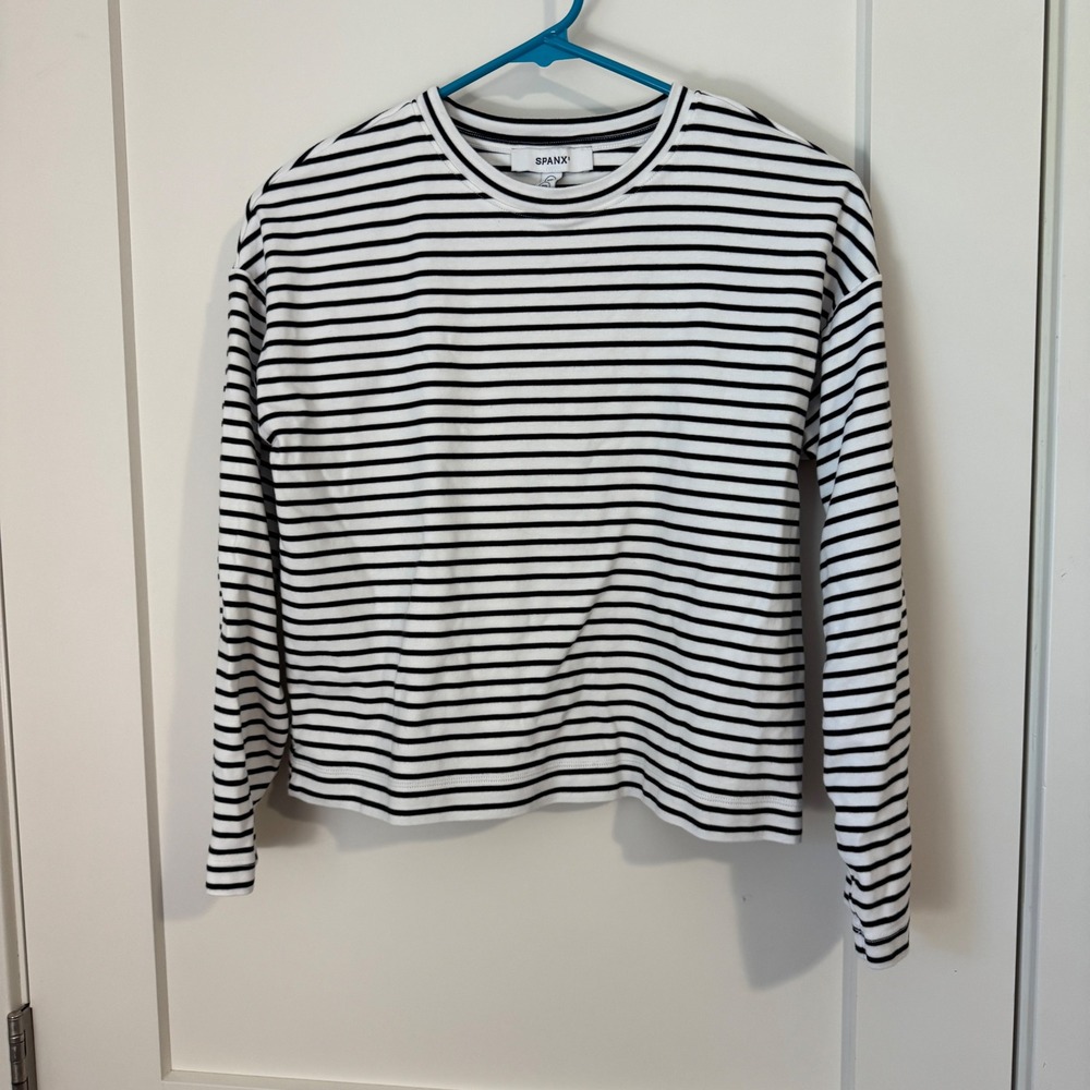 Spanx Womens Striped Long Sleeve Crew Neck Cotton T-Shirt Black White XS 6L35PSL